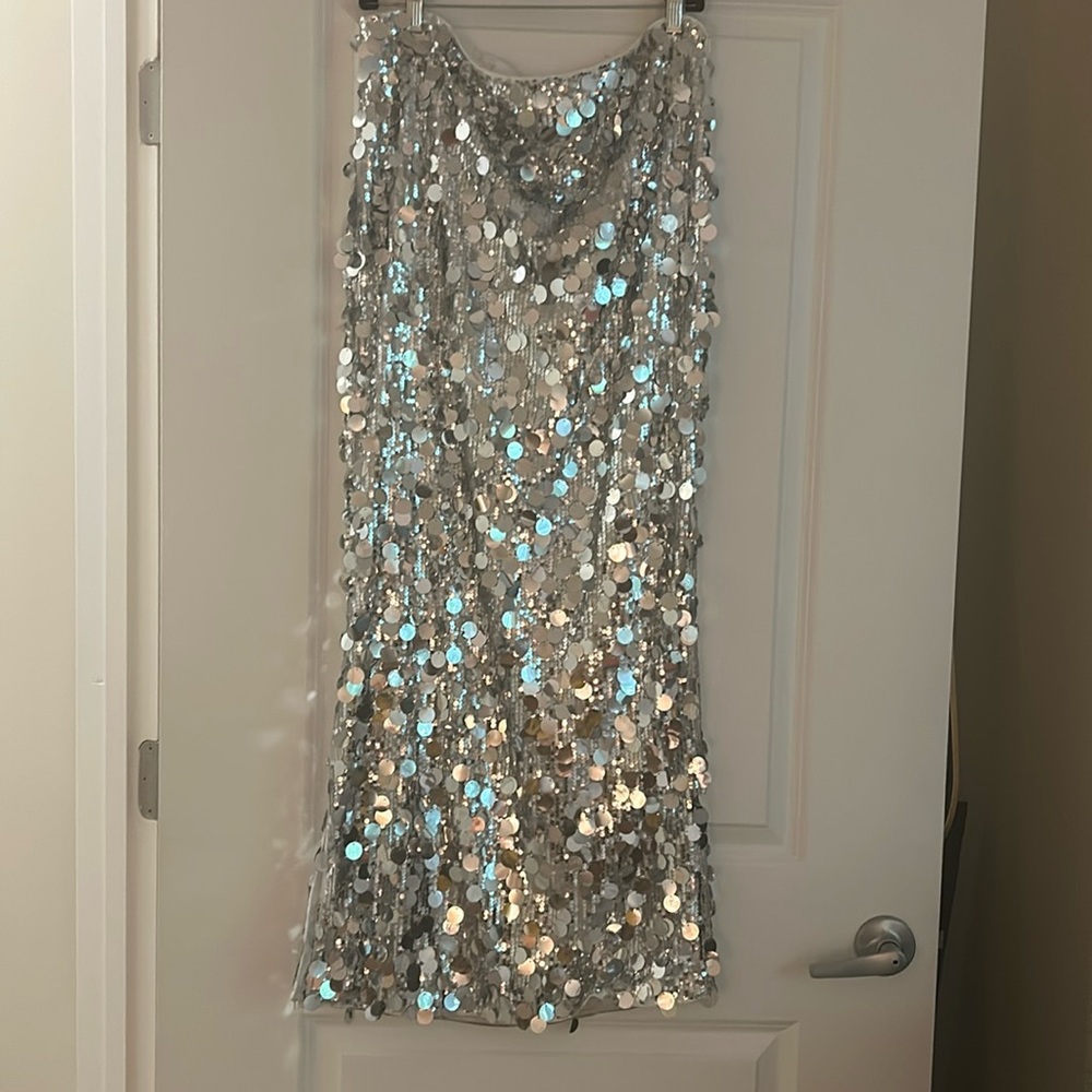 Silver sequin maxi skirt with side zipper and side split